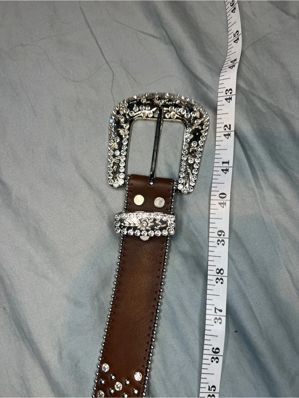 Y2K Brown Crystal-Studded Women's Leather Belt